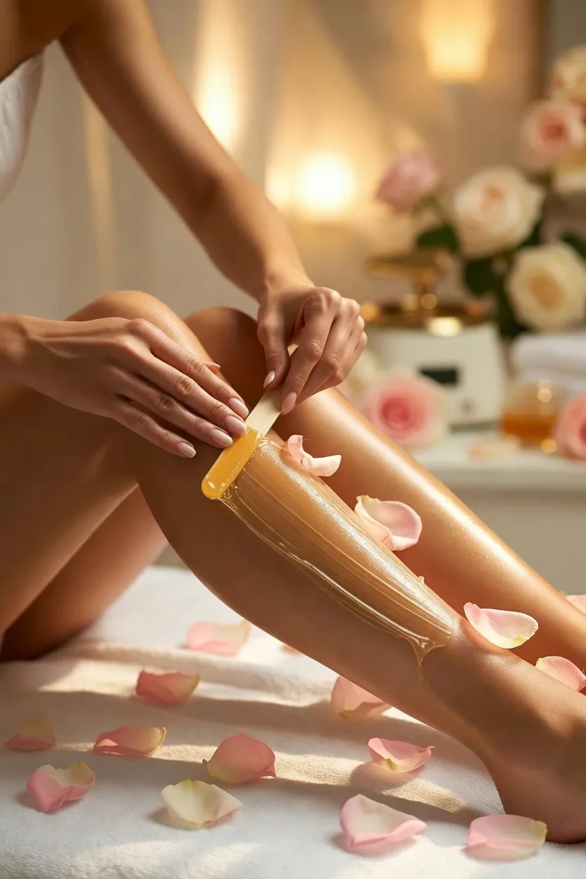 Application de cire tiède sur une jambe, entourée de pétales de rose, au salon d'esthétique de Mercier