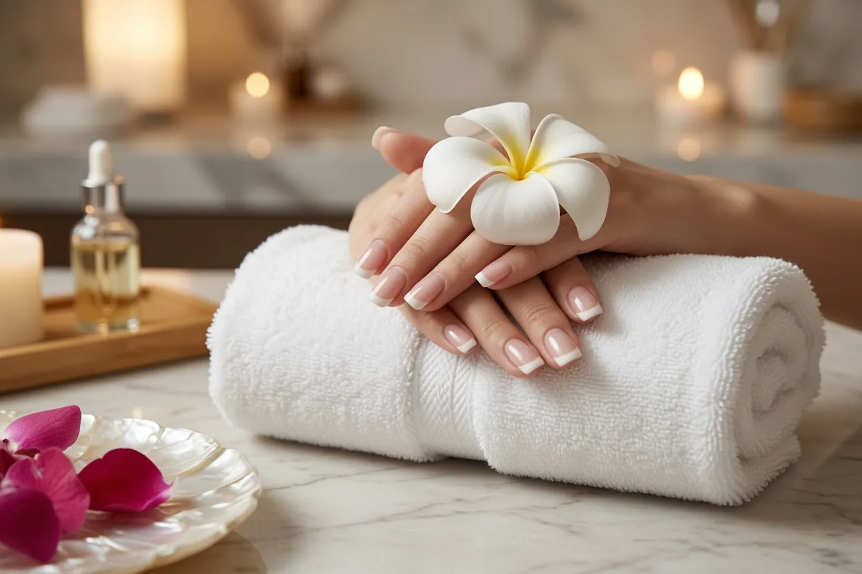 Manucure française sur une main posée sur une serviette blanche, avec une fleur de frangipanier, pose d'ongles à Mercier