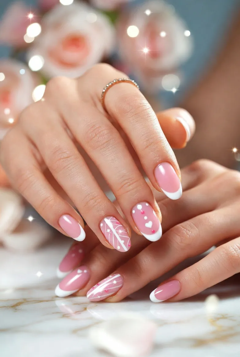 Manucure French rose sur ongles naturels, mains posées près de roses, recouvrement d'ongles à Mercier