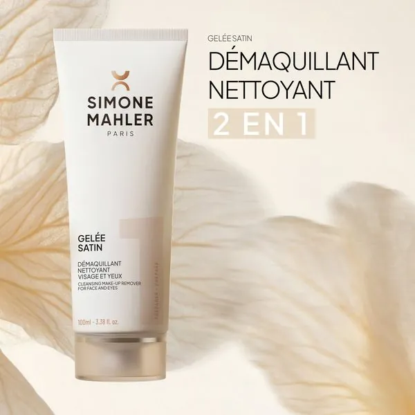 Gelée Satin Simone Mahler, démaquillant nettoyant visage et yeux, tube de 100 ml
