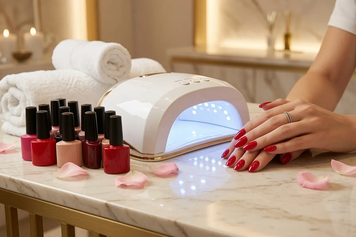 Manucure vernis gel rouge posée près d'une lampe UV et de flacons de vernis, à Mercier